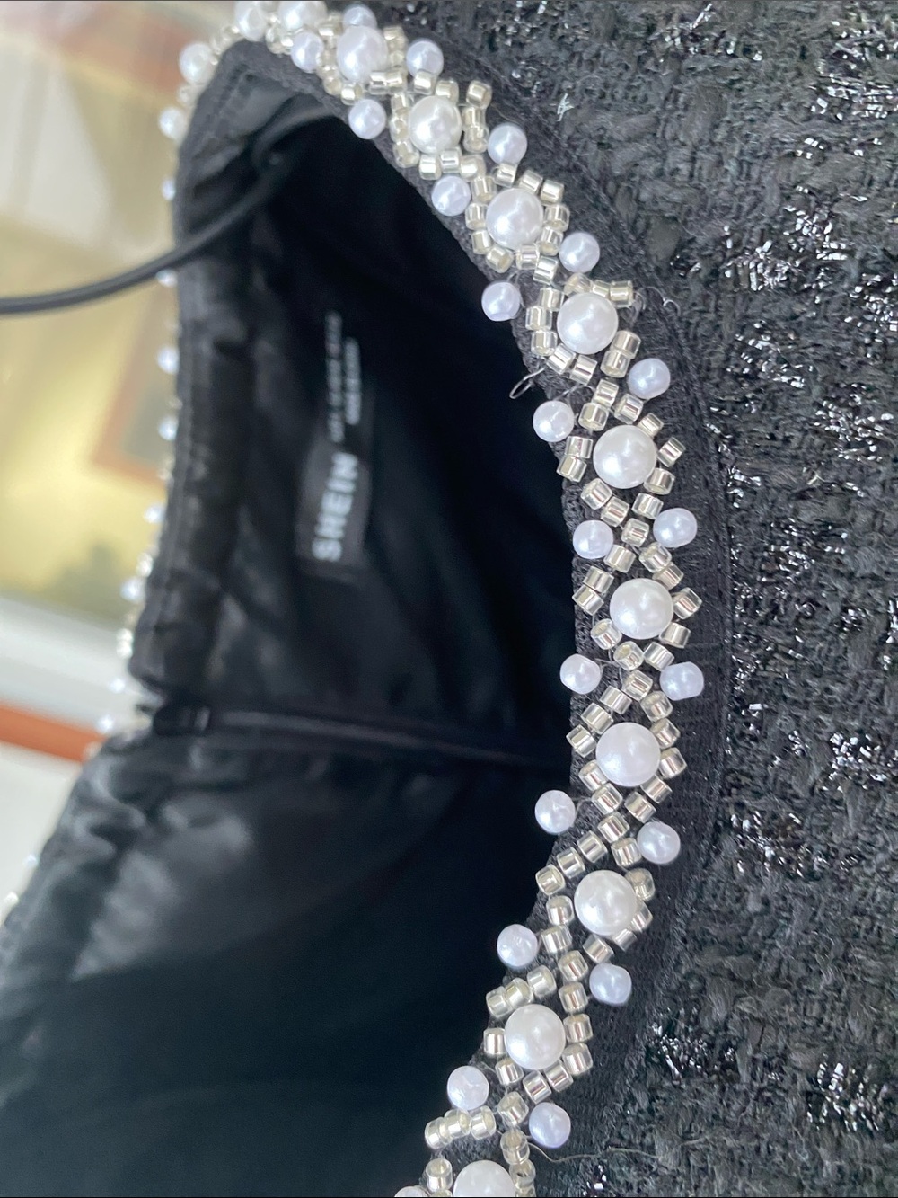 SHEIN Black Tweed Dress with Pearl & Silver Bead Trim
